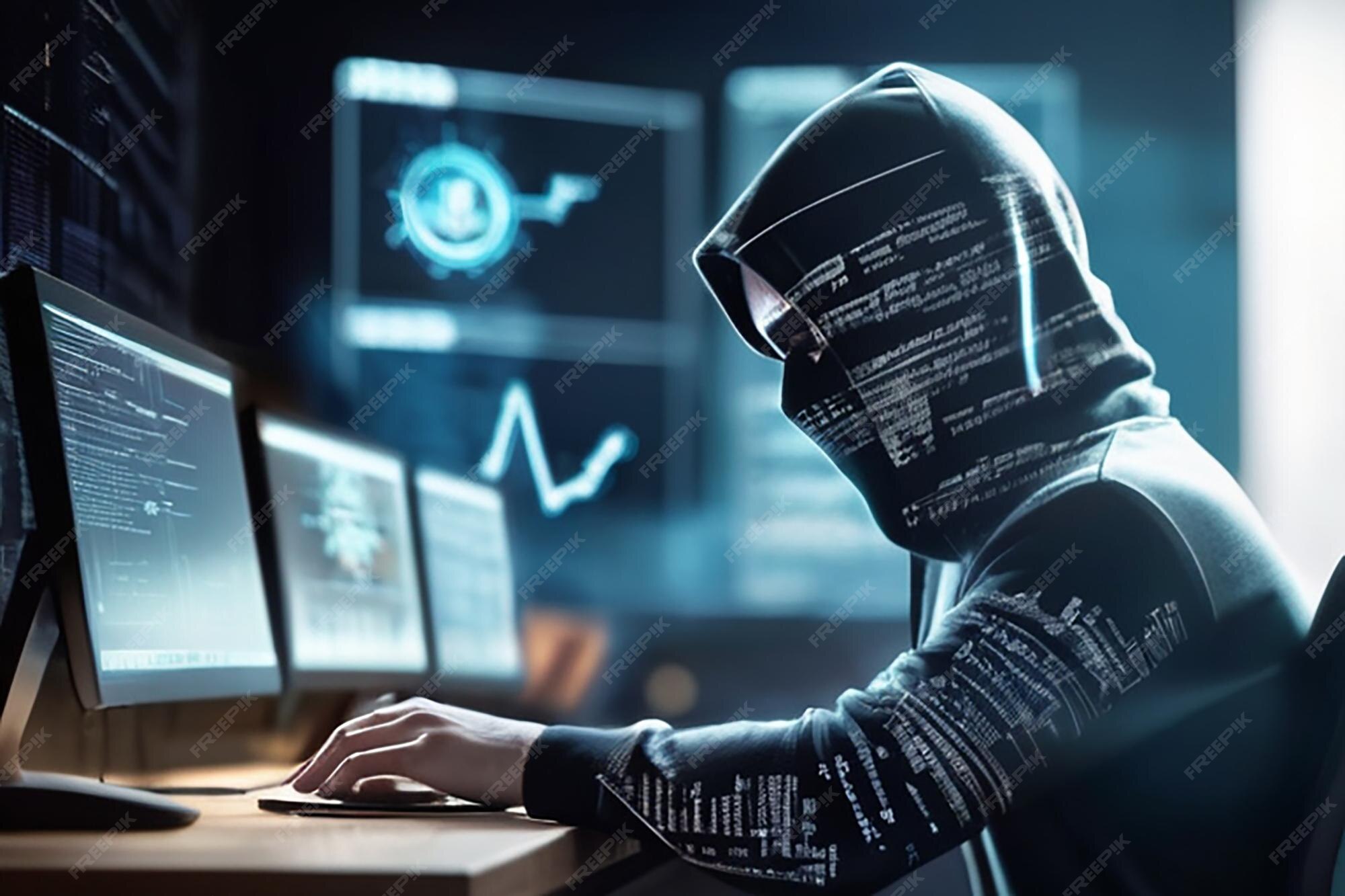 Premium Photo | Side view of hacker using computers at desk with ...