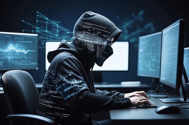 Side view of hacker using computers at desk with creative digital programming language on blurry background