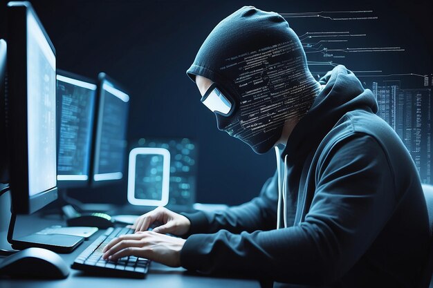 side view of hacker using computers at desk with creative digital programming language on blurry background