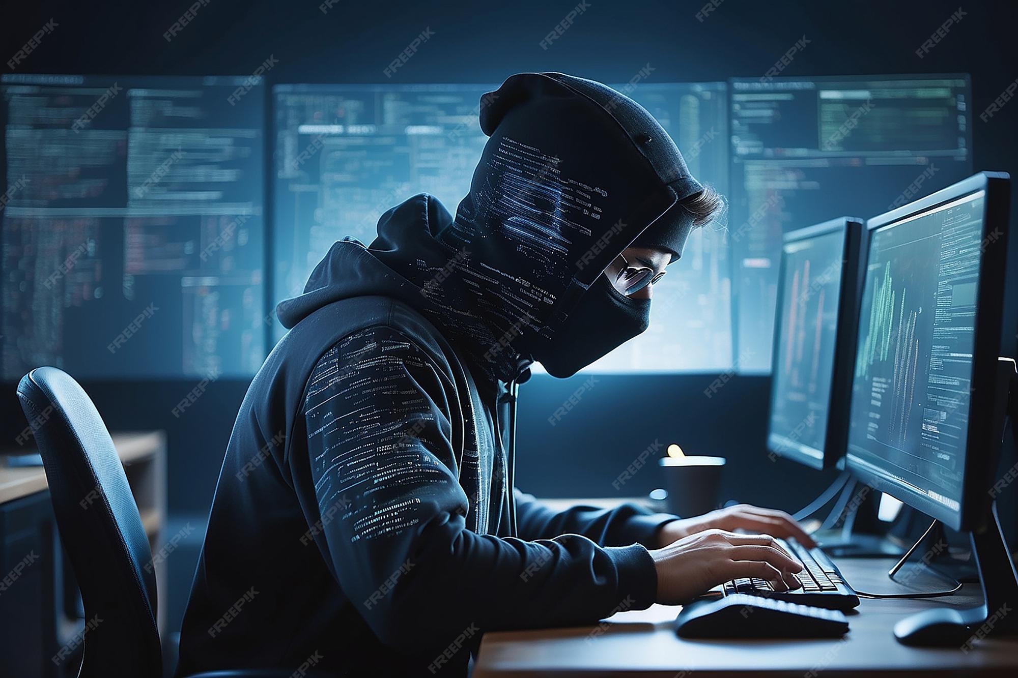 Premium Photo | Side view of hacker using computers at desk with ...