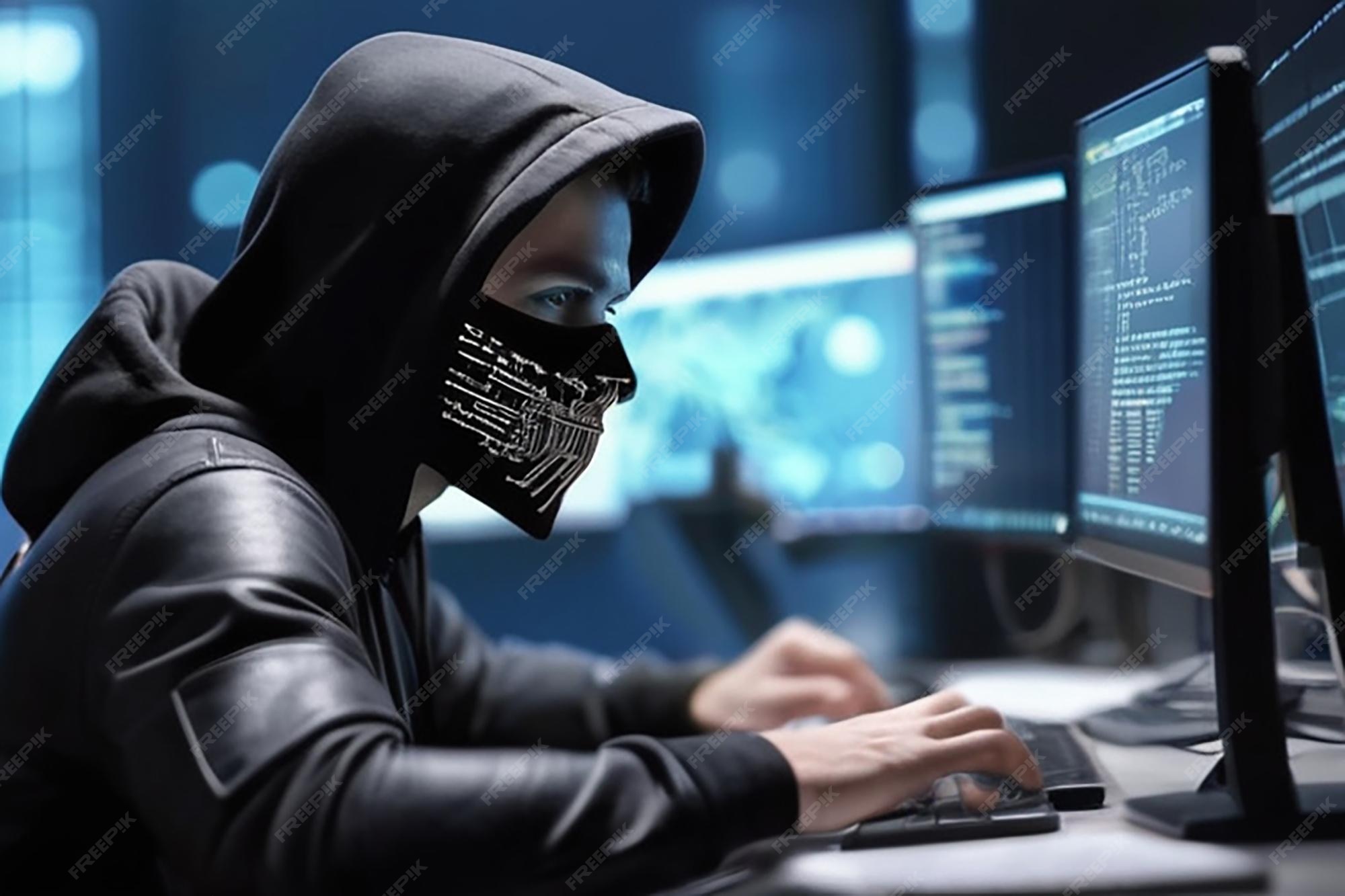 Premium Photo | Side view of hacker using computers at desk with ...