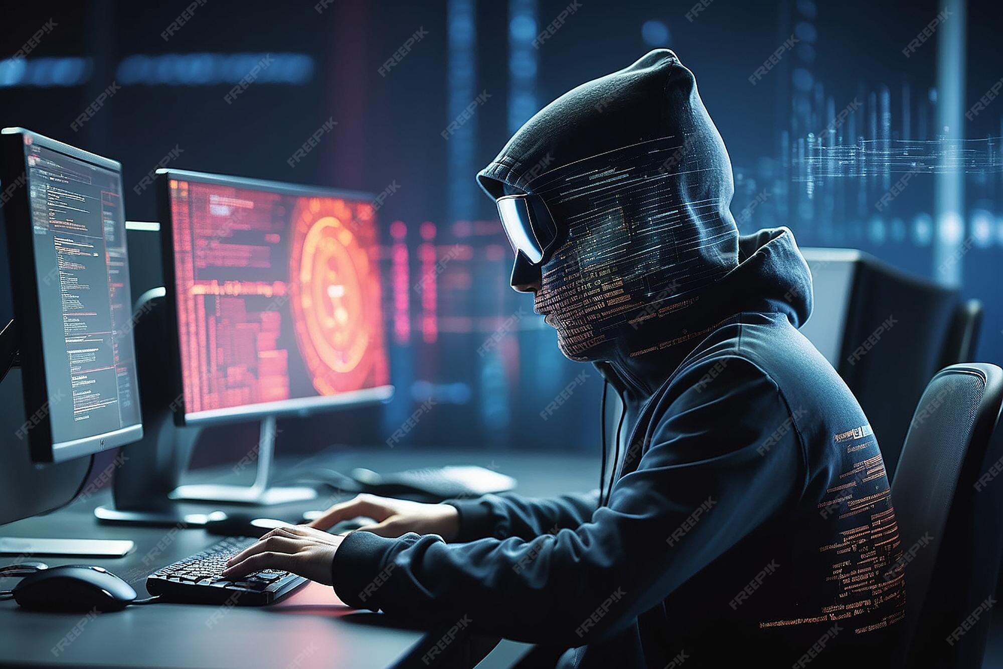 Premium Photo | Side view of hacker using computers at desk with ...