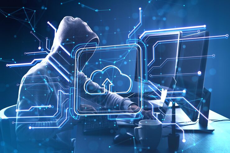 Photo side view of hacker using computers at desk with creative square circuit button hologram with cloud icon technology hacking and cloud computing concept double exposure