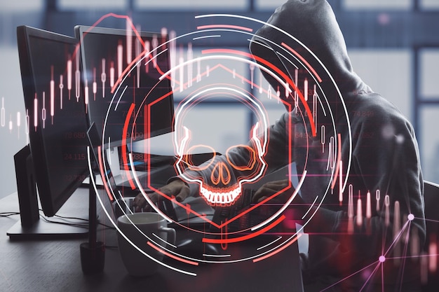 Photo side view of hacker using laptop with abstract glowing skull hologram on blurry office interior background hacker system or cyber attack concept double exposure