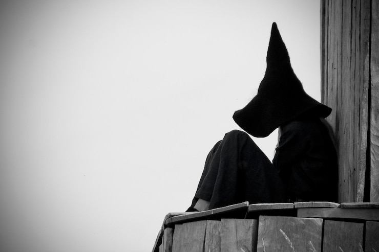 Photo side view of a halloween witch sitting against clear sky