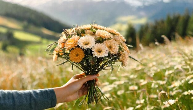 Foto vista laterale mano che tiene un bouquet di fiori