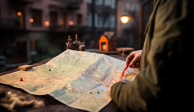 A side view of hands carefully clutching and studying an open map