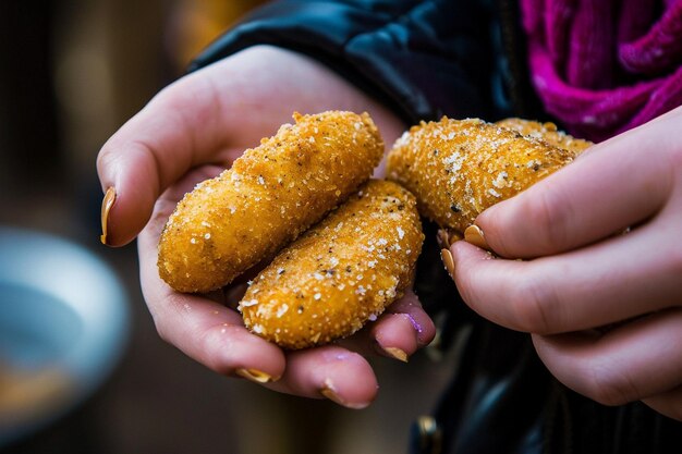 Photo side view hands holding corn dogs