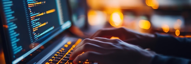 side view of hands typing on a laptop keyboard with lines of code on the screen represents coding programming and it development in a modern digital workspace