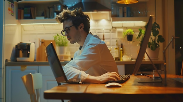 Side view handsome young businessman in eyewear working with computer remotely sitti Generative AI