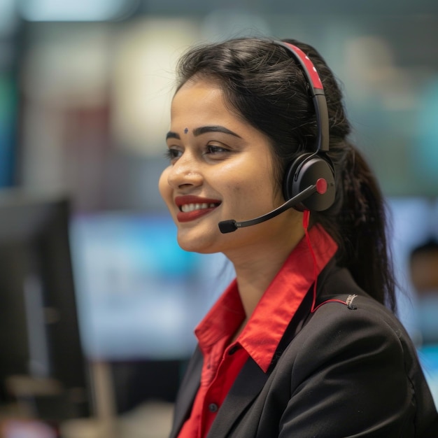 Side view of a happy bangladeshi woman in a call center who enjoys supporting a customer