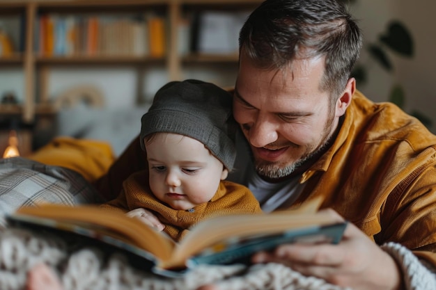 Боковой вид счастливого отца, читающего книгу вместе со своим сыном на диване