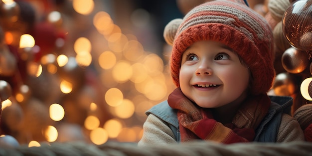 A side view of a happy girl under a christmas tree in a snowcovered city square generative ai