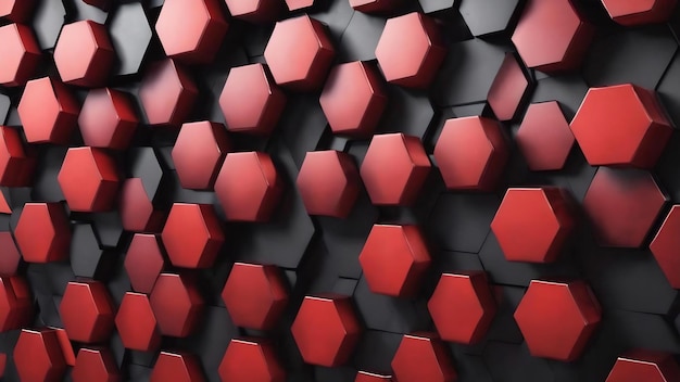 Side view of hexagon pattern wall made of black hexagons of different height with red edges