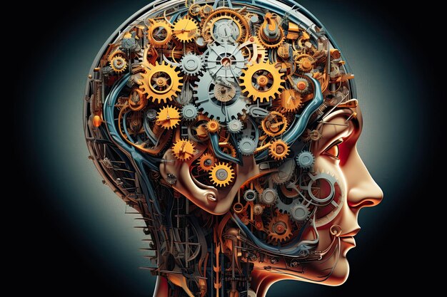Photo side view of human head with gears and cogwheels 3d rendering human brain working process mechanism train your brain concept computing mind