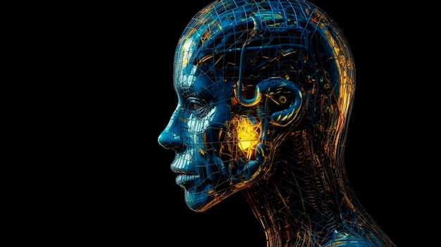 Side view of a humanoid head with blue and yellow eyes and vibrant neon neural network representing futuristic technology and artificial intelligence Generative AI