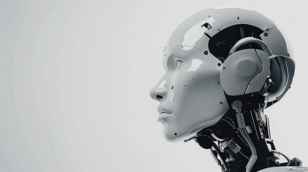 side view of humanoid robot head with visible mechanical parts against gradient background