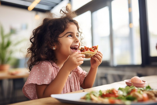 Photo side view kid eating delicious taco