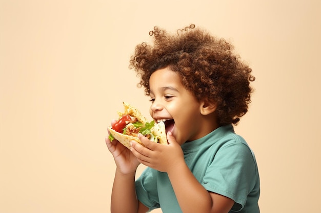 Side view kid eating delicious taco