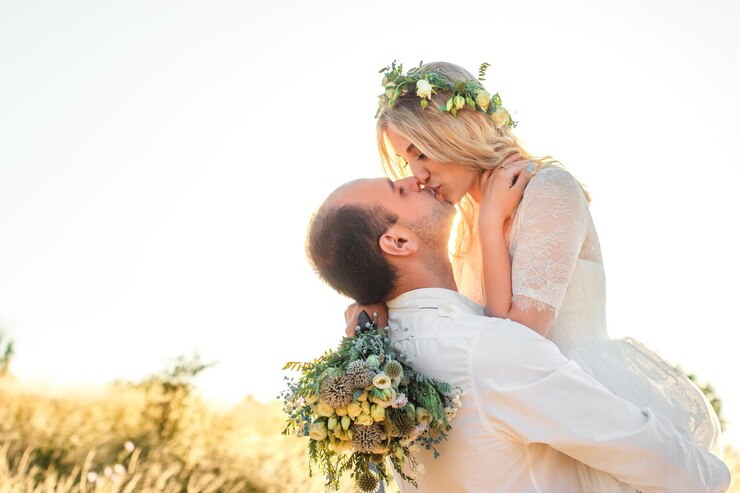 Photo side view on kissing bride and groom in sunny summer day outdoor wedding and relationsheep