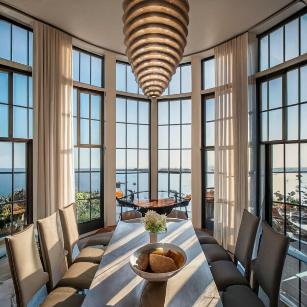 A side view of a kitchen's interior shows a dining table with chairs around it