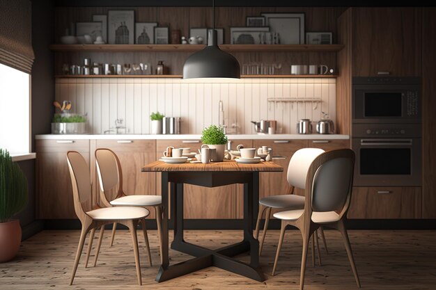 A side view of a kitchens interior shows a dining table with chairs around it On a wooden portion of the wall there is a sizable vertical poster a mockup Toned picture