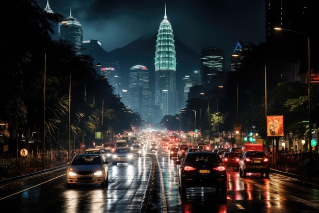 A side view of a Kuala Lumpur asphalt road at night