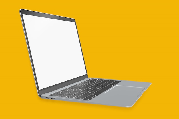 Vista laterale di un computer portatile su uno sfondo giallo