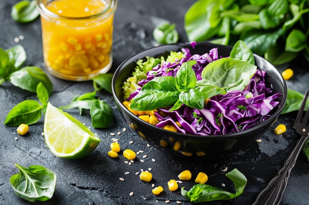 Side view light cabbage salad with corn and juice