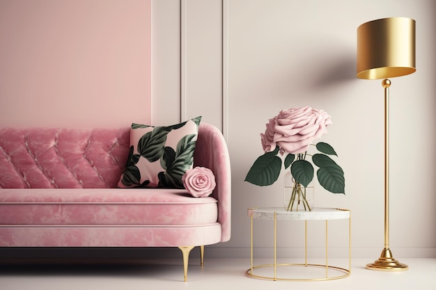 Вид сбоку на светло-розовую модную квартиру с розовой хорошей мебелью и золотой лампой на переднем плане