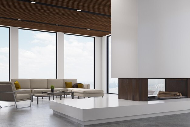 side view of a living room interior with a fireplace, a sofa, an armchair and tall windows. 3d rendering, mock up