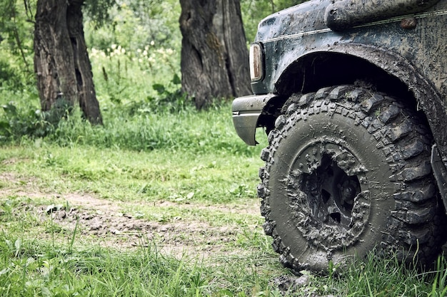 Вид сбоку на опущенное колесо экстремального автомобиля