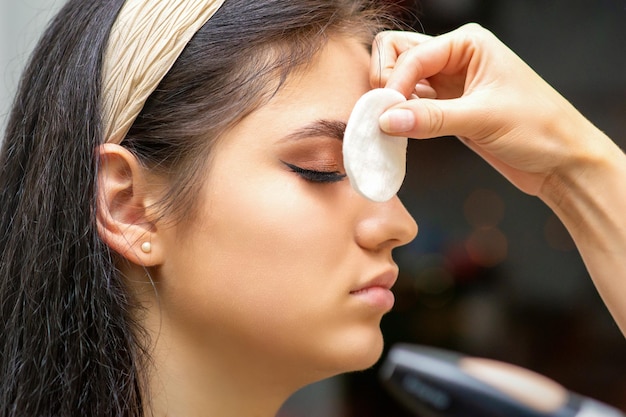 Side view of a makeup artist covers female eye with a cotton pad using airbrush making makeup foundation on her face in a beauty salon.