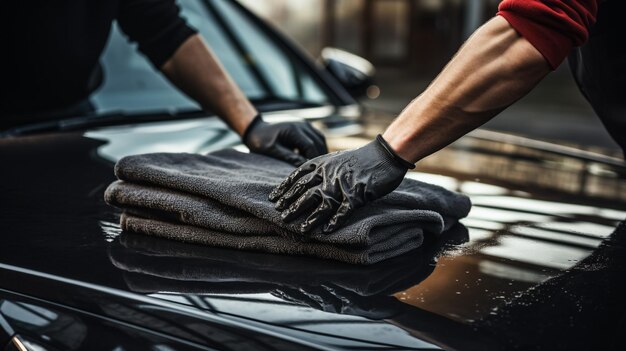 Foto vista laterale di un uomo barbuto che lavano l'auto in guanti di gomma neri che tiene la griglia del radiatore di una macchina rossa di lusso