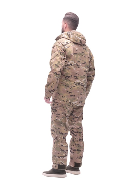 Side view man in autumn camouflage looking at copy space