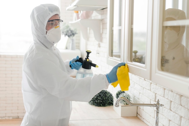 Foto cucina disinfettante dell'uomo di vista laterale