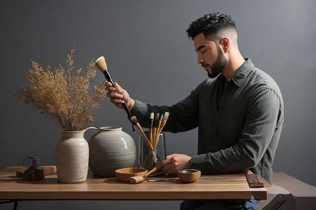 Side view man holding brush and vase