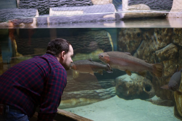 Photo side view of man looking fish in aquarium