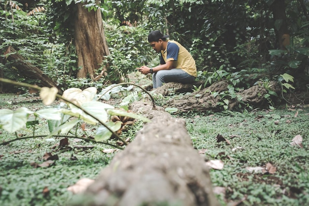 Photo side view of man sitting on land in forest