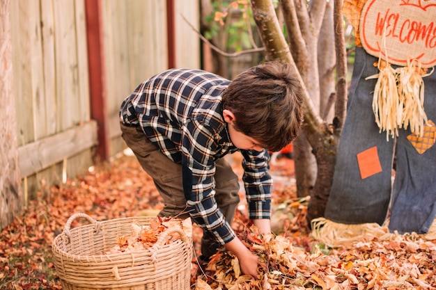 Photo side view of man standing in basket