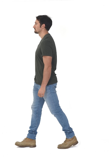 Side view man walking on white background