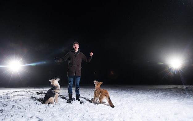 Side view at a man with two mixed breed dogs outside at night in winter