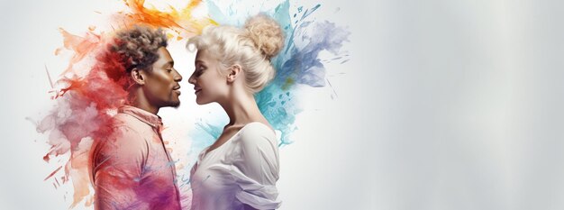 Photo side view of man and woman with colorful paint splashes on face concept national hugging day banner