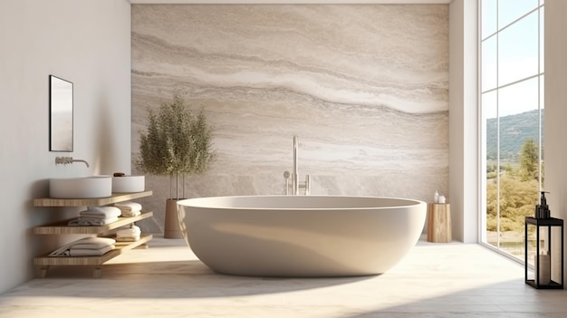 Side view of marble bathroom interior with bath tub Generative AI