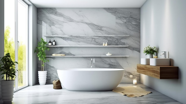 Side view of marble bathroom interior with bath tub Generative AI