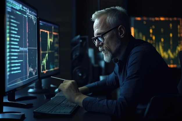 Side view of mature man in eyeglasses working on computer in dark office