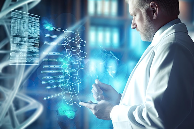 Side view of mature scientist in white lab coat working with futuristic interface Toned image double exposure Medicine doctor touching electronic medical record on tablet DNA AI Generated