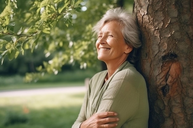 Photo side view of mature woman hugging tree and smiling outdoor portrait of elegant senior female embrac