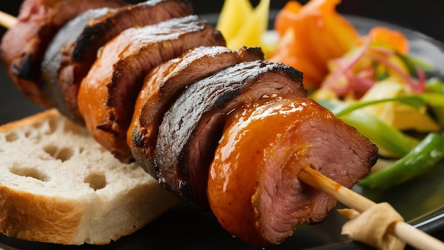 Photo side view meat basturma kebab on a plate with bread