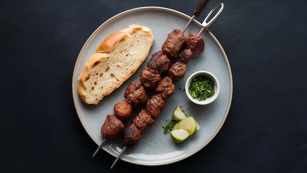 Photo side view meat basturma kebab on a plate with bread